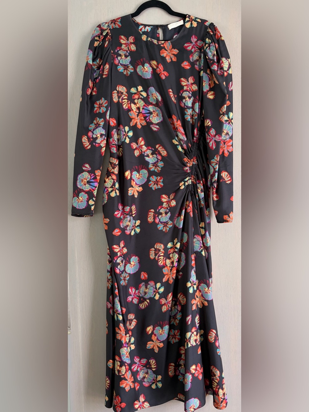 Ulla Johnson Black Floral Long-Sleeve Twist-Side Maxi Dress